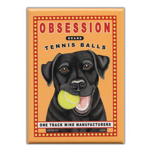 Magnet, Refrigerator Magnet, Black Lab Obsession Brand Tennis Balls, 2.5