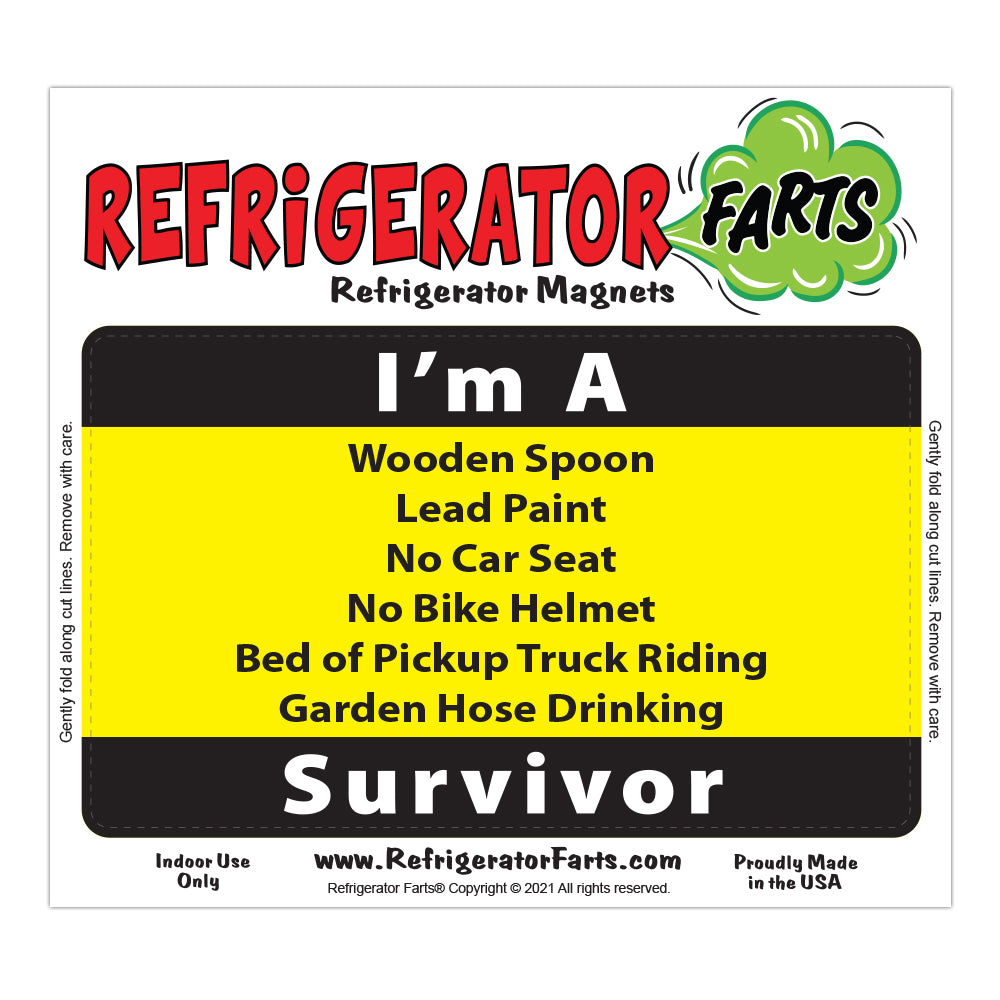 Funny Refrigerator Magnet, Wooden Spoon No Car Seat No Bike Helmet Survivor, 5" x 3"