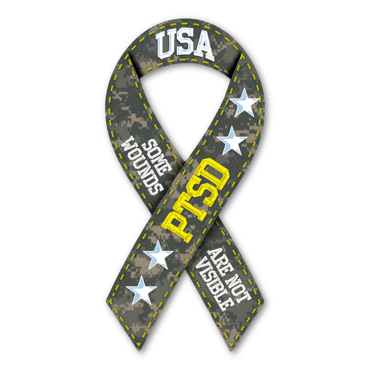 Magnet, Ribbon Shaped Magnet, PTSD Support, Awareness, Some Wounds Not Visible (Camo Design), 3.75