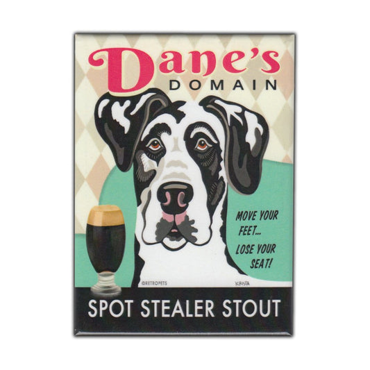 Magnet, Refrigerator Magnet, Dane's Domain Stout, Great Dane Dog (Harlequin, Black and White), Vintage Advertising Art, 2.5