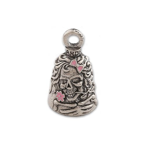 Guardian Bell, Metal, Lady Skull, Skeleton, Flowers (Pink Highlights), Motorcycle Good Luck Bell, .75" x 1"