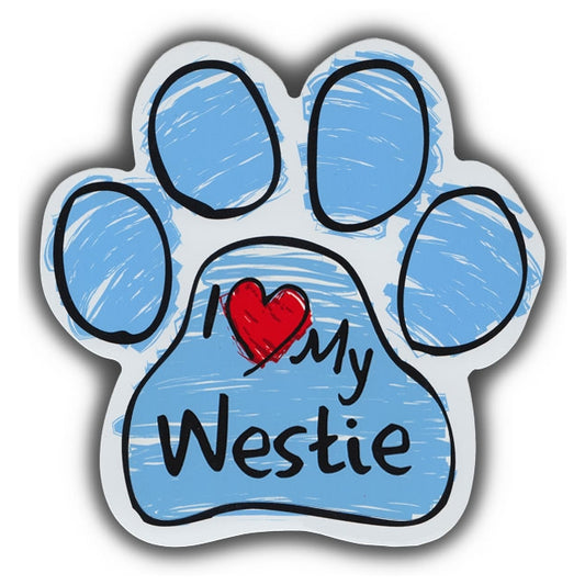 Magnet, Dog Paw, Blue Scribble, I Love My Westie, 5.5