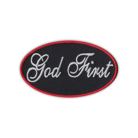 Patch, Embroidered Patch, God First, Oval, Red Trim, 3.5